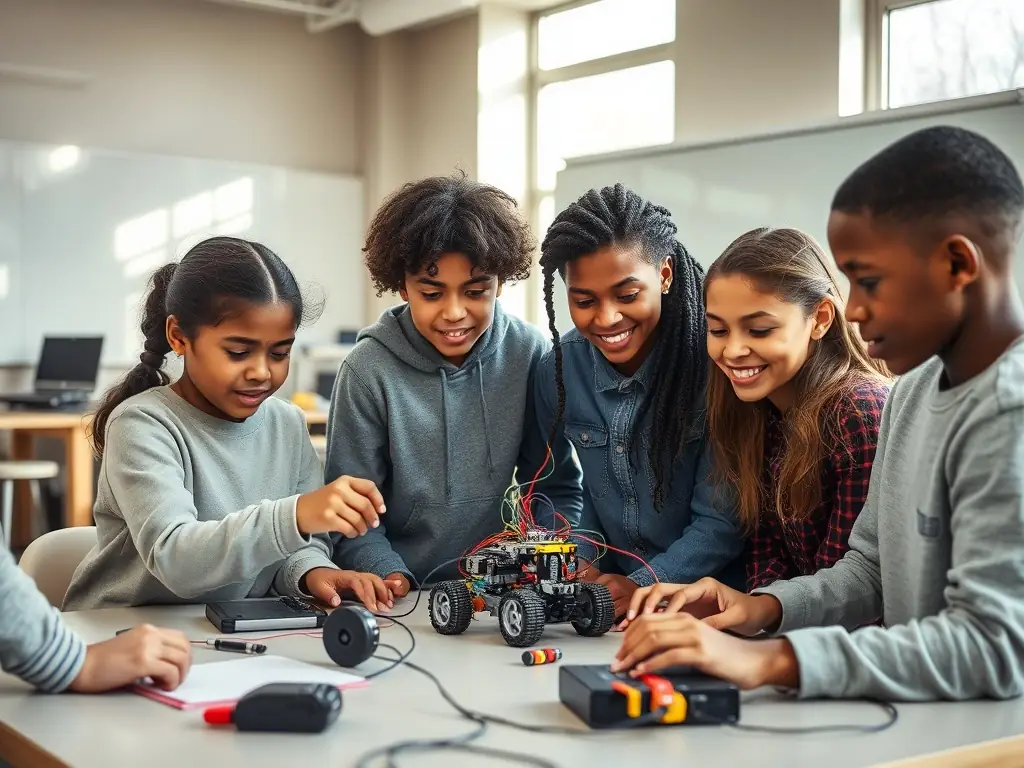 A diverse group of students collaborating on a robotics project, showcasing the teamwork and innovation fostered by the Robotics and AI Club.