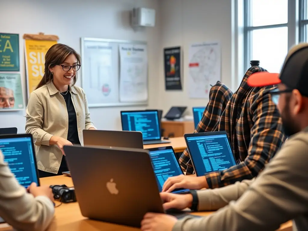 An instructor demonstrating AI concepts on a large screen with students engaged in coding activities, emphasizing interactive learning.