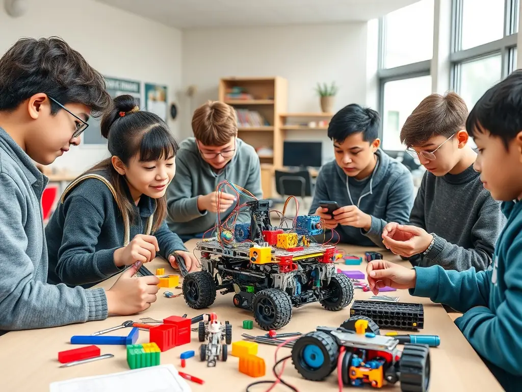 A group of students assembling and programming a robot in a well-lit workshop space, focusing on hands-on learning and collaboration.