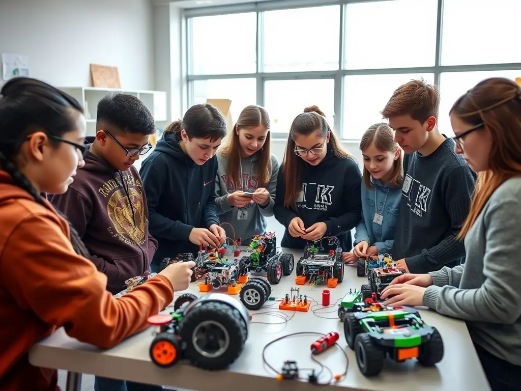 A brightly lit classroom with students actively participating in a robotics workshop, showcasing hands-on learning and teamwork.