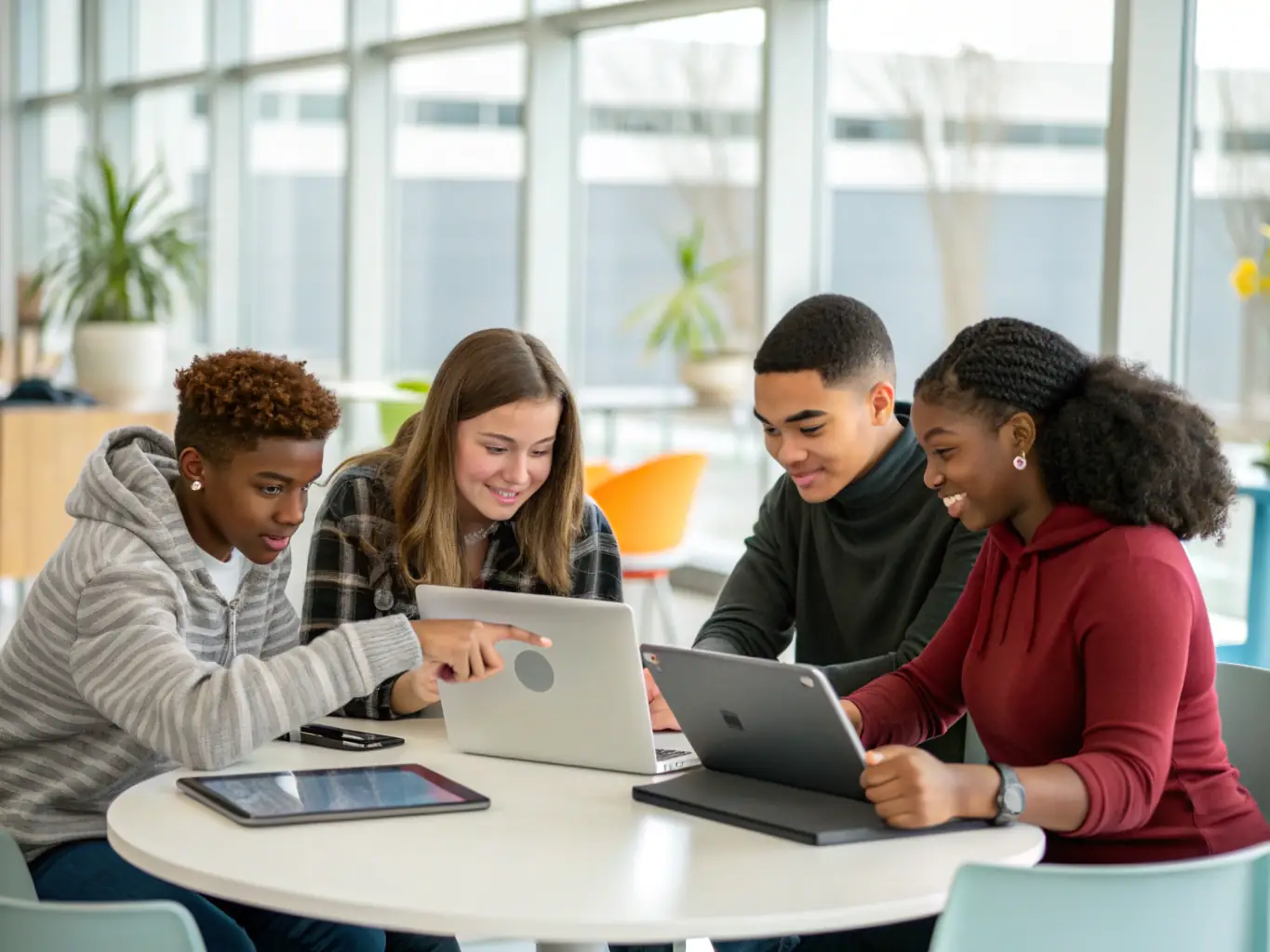 A diverse group of students working together on an AI project, highlighting the collaborative and inclusive nature of the AI Education Programs.