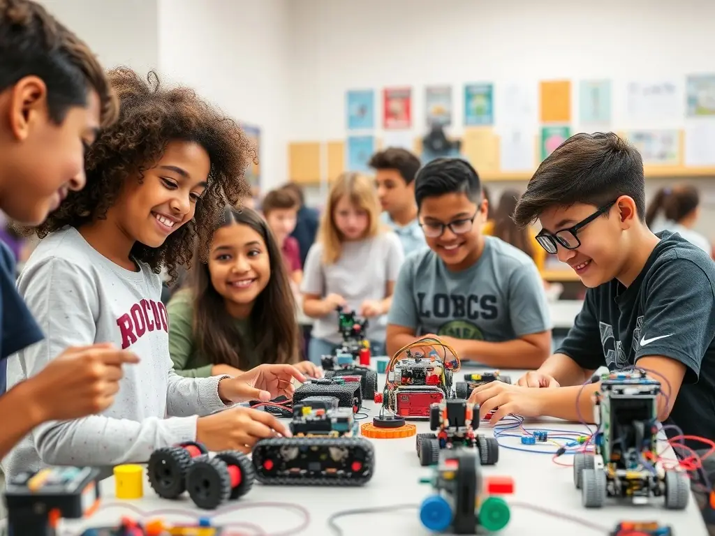 A diverse group of students collaborating on a robotics project, showcasing teamwork and problem-solving skills in a modern, tech-focused classroom.
