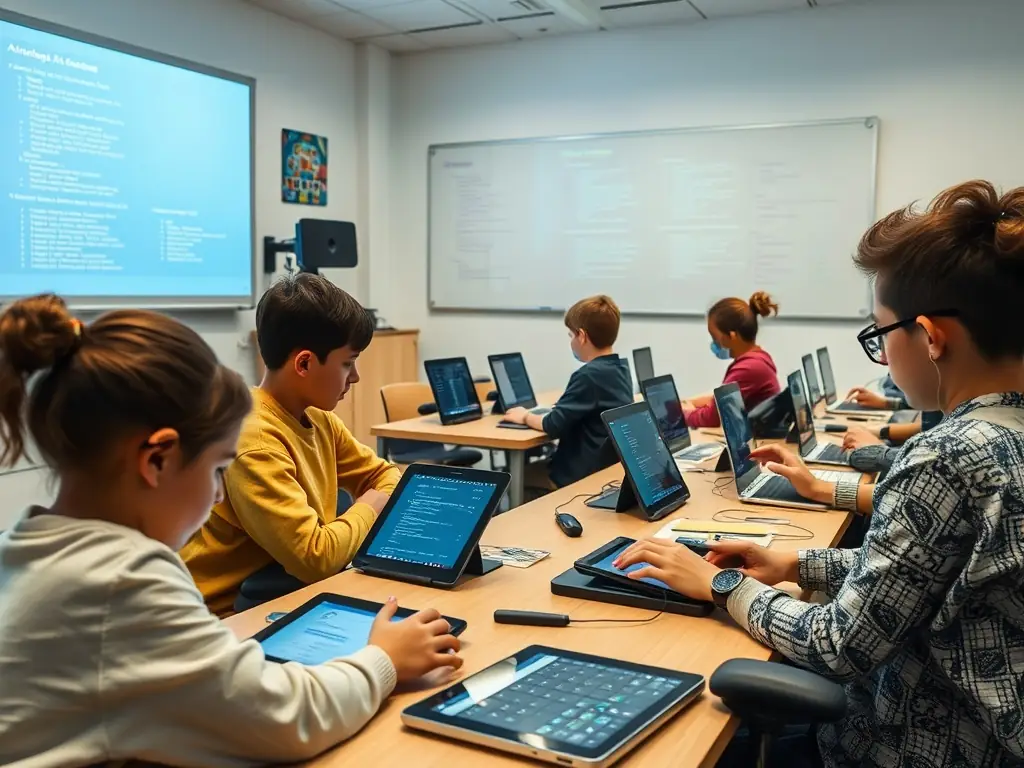 An instructor demonstrating AI concepts on a large screen with students engaged in coding activities, emphasizing the interactive nature of the AI education programs.
