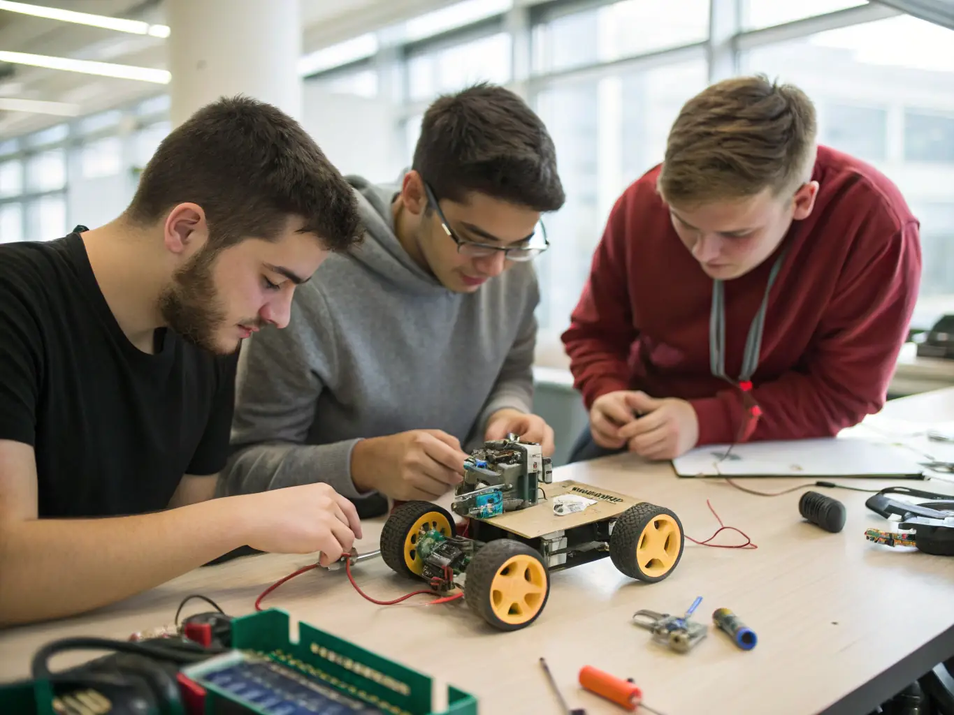 A group of students assembling and programming a robot in a well-lit workshop space, focusing on the hands-on aspect of the robotics workshop.