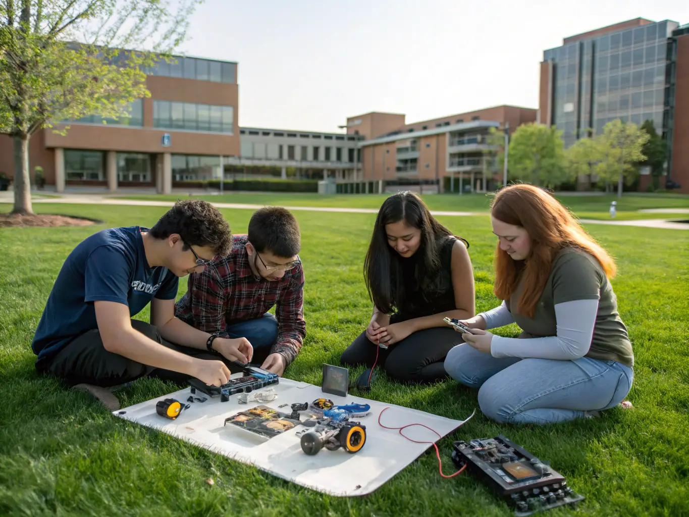 A successful Robotics Competition Team posing with their robot, demonstrating the practical application of skills learned through the program.