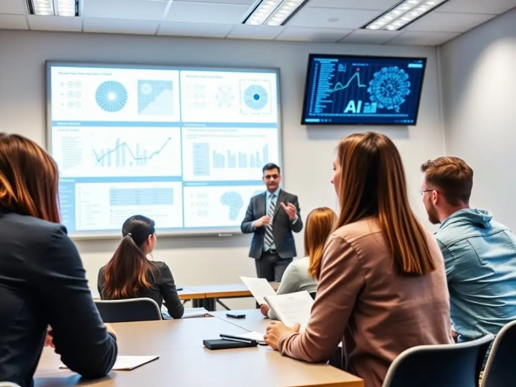 An instructor demonstrating AI concepts on a large screen with students engaged in coding activities, highlighting the interactive nature of the AI education program.